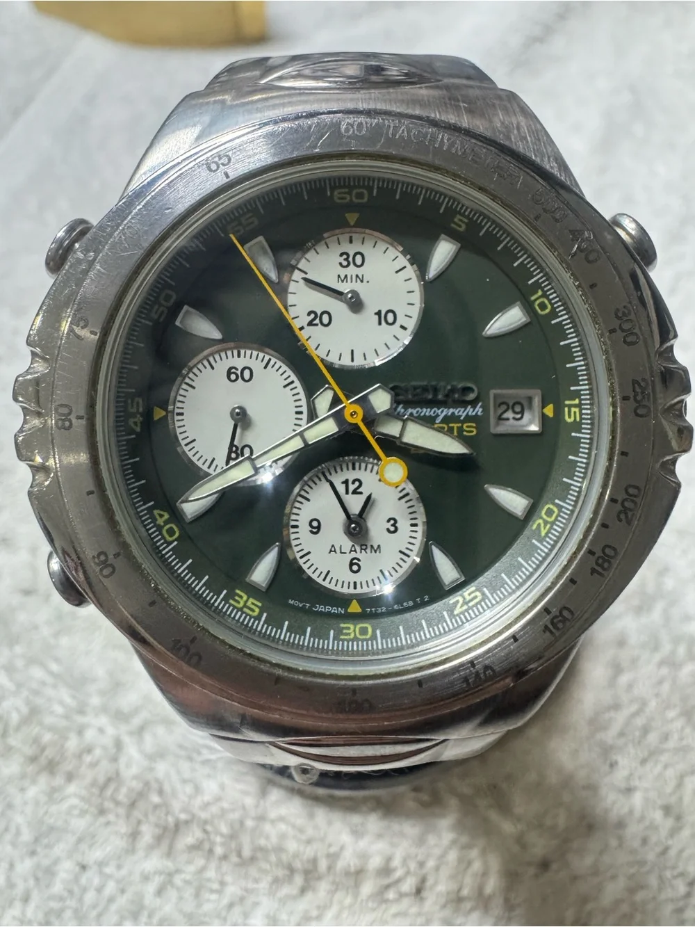 Seiko Chronograph Watch - Green Dial with Yellow Accents